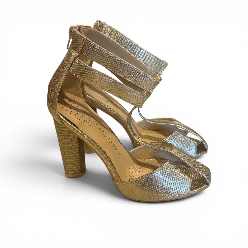 Azalea Wang Womens 8.5 Gold Snakeskin Embossed Block Heel Cage Sandals Peep Toe